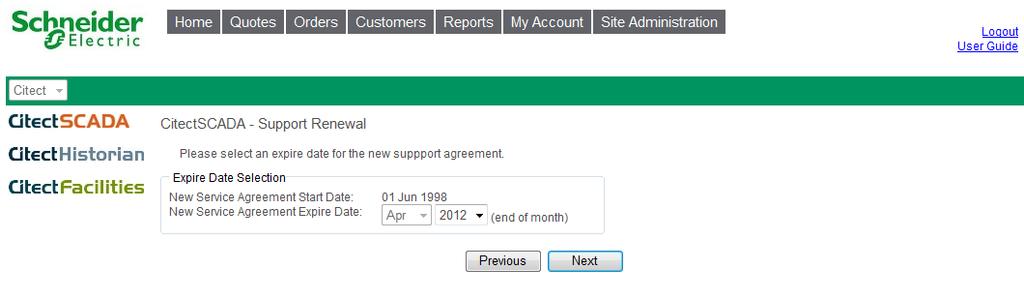 Sales Quote - Support Renewals Enter new Service Agreement expiry date