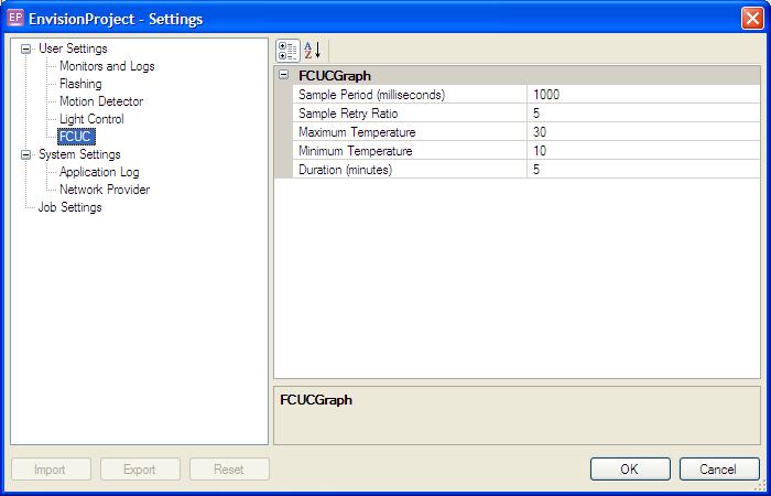 Configure Temperature Control 4.4 FCUC Graph Settings The Chart scale can be changed by clicking the Tools menu and selecting Settings and FCUC. Figure 10 EnvisionProject FCUC Graph Settings 4.