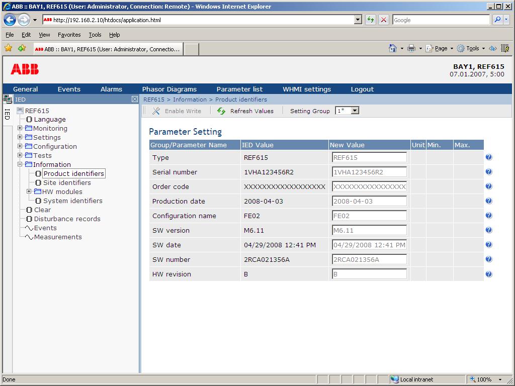 Section 4 Using HMI locally or via web interface 1MRS756376 1. Click Information in the WHMI menu structure. 2.
