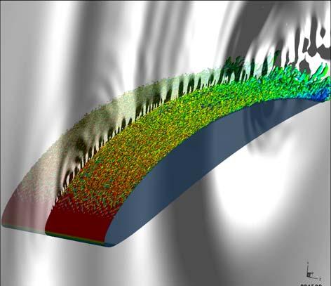 Figure 1: Resolved turbulent boundary layer structures - 2 iso-contours coloured with velocity magnitude - and slice with acoustic waves (greyscale)(self noise configuration at AoA = 7 ( 15 exp), U 0