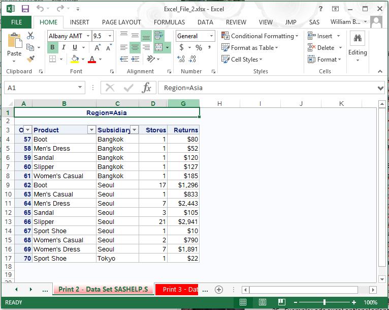 EXAMPLE 2: In this example I am applying an Auto Filter to three columns, hiding two columns, turning the tabs RED, and applying a printout mode of landscape to the output EXCEL workbook.