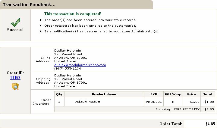 A sample of an order receipt in step 5 of the Place an Order process. Place an Order Online Receipt The online receipt contains a link to the Order Details page for this order.