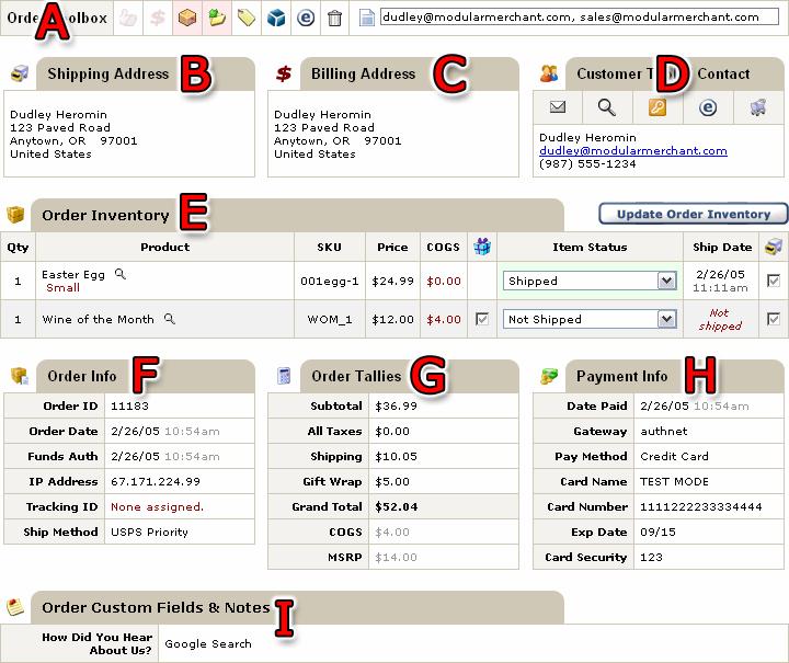 Order Details Page The Order Details page displays the order information, and provides tools to update the shipping status of items. Order Toolbox The Order Toolbox contains a list of icons.