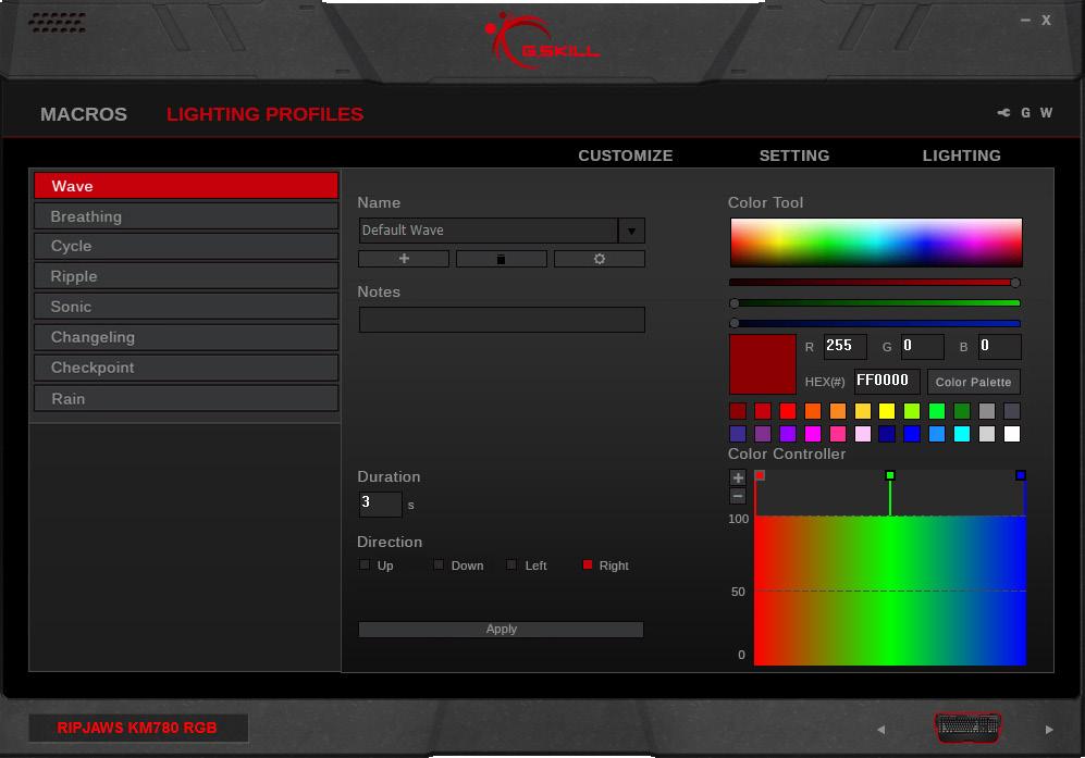 Lighting Profiles Add/Remove a Color To add (or delete) a color point, click on the + or - under Color Controller in the right column. A new color point will be added.