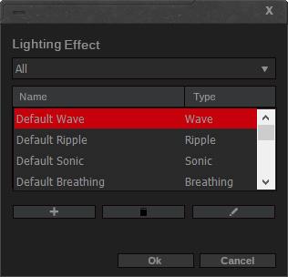 Lighting Editing Options in Lighting Effect From the list of lighting profiles in the pop-up window, you can click the three icons below to add ( + ), delete (trash bin icon), or edit (pencil icon)