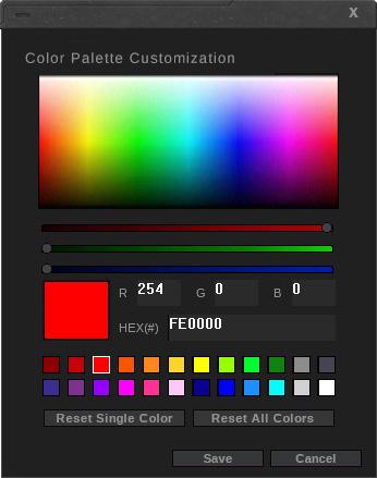 Color Palette Customizing the Color Palette After clicking on the Color Palette button, a Color Palette Customization window will pop up. To change a color: 1. Click the color you want to change. 2.