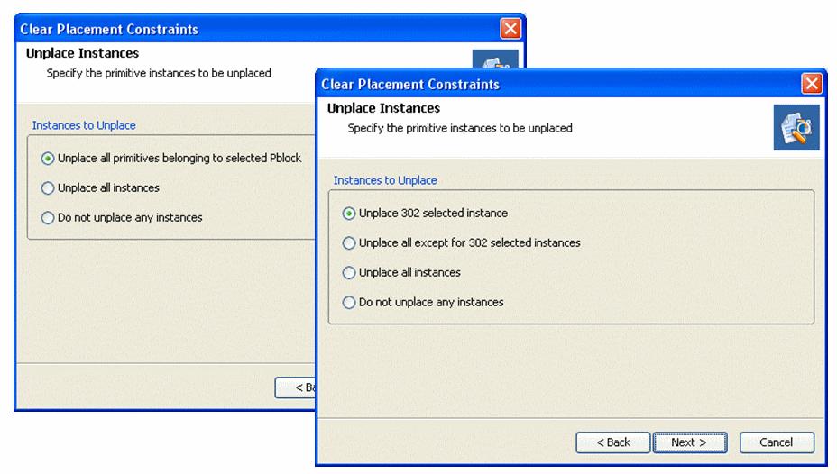 R Using Placement Constraints Figure 9-42: Clear Placement Constraints Wizard: Placement Removal Options Based on Pre-Selected Objects 4.