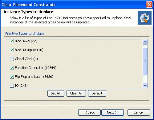 Figure 9-43: Clear Placement Constraints Wizard: Filter Logic Types to Remove The Instance Types to Unplace page provides a mechanism to filter