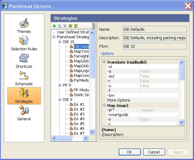 Chapter 10: Implementing a Design Using ExploreAhead R The Strategies dialog box will appear. It contains a list of pre-defined strategies. Figure 10-1: PlanAhead Options: Strategies 2.