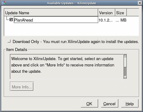 Select the Check for Updates button to communicate with the Xilinx website and return a list of all product updates available.