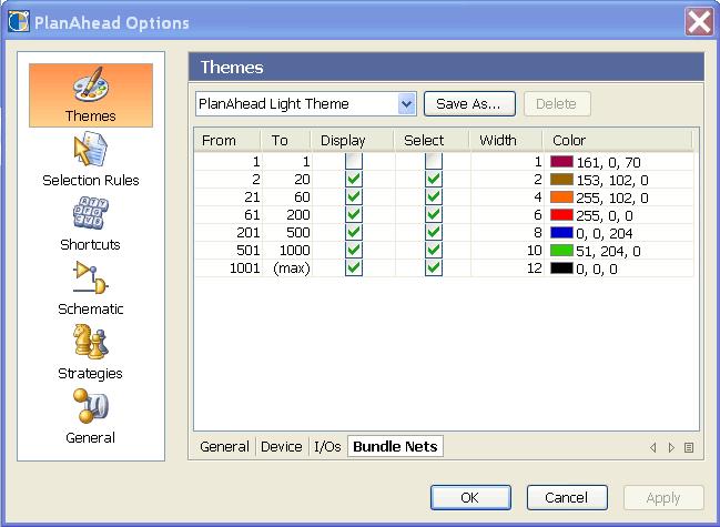 R Customizing PlanAhead Display Options Figure 3-21: Theme Options: Bundle Net Settings The line width the Bundle appears in the device view can be set for each Bundle Net range by adjusting the