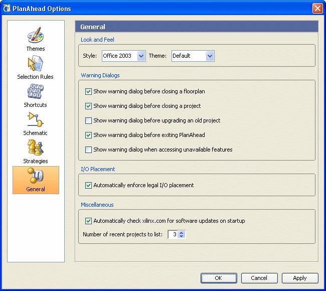 R Configuring ExploreAhead Strategies Setting General PlanAhead Options You can adjust general style and color options, warning-message preferences and miscellaneous options in the General Options
