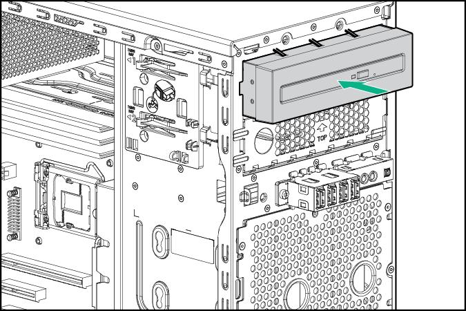 11. Insert the optical drive assembly into the media bay until it clicks into place. 12. Connect the SATA/power Y-cable. a. Connect the 4-pin end of the SATA/Power Y-cable to the 4-pin cable from the power supply.