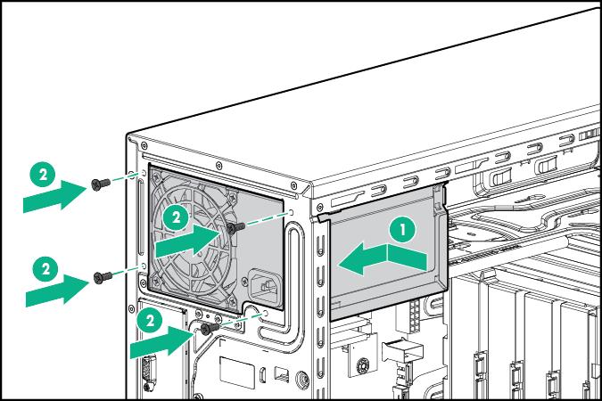 9. Install the 350W power supply. a. Slide the power supply into the chassis. b. Secure the power supply with four screws. 10. Connect the power supply cables. a. 24-pin power cable to the system board.