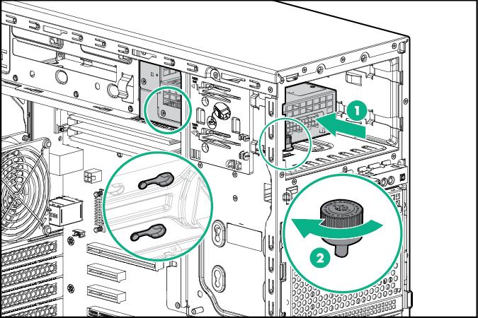 11. Install the RPS backplane module: a. Route the power supply cables through the media drive bays. b. Align the pins on the chassis and slide the RPS backplane module through the media drive bays.