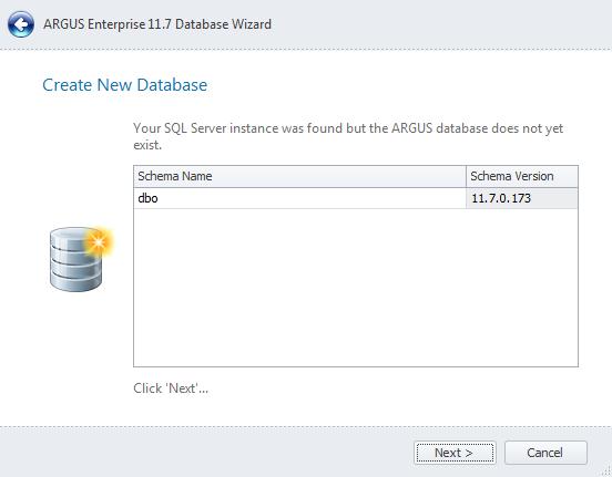 Type the names of the existing SQL server and new database, and click Next.