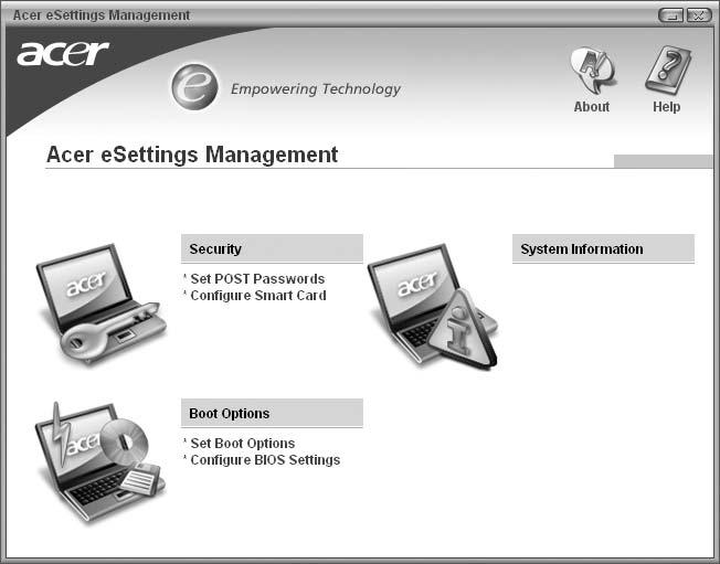 6 Empowering Technology Acer esettings Management Acer esettings Management allows you to inspect hardware specifications and to monitor the system health status.