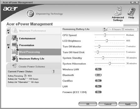 8 Empowering Technology Acer epower Management Acer epower Management features a straightforward user interface.