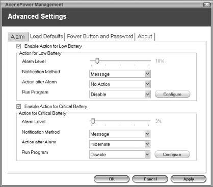 9 You can also click "Advanced Settings" to: Set alarms. Re-load factory defaults.