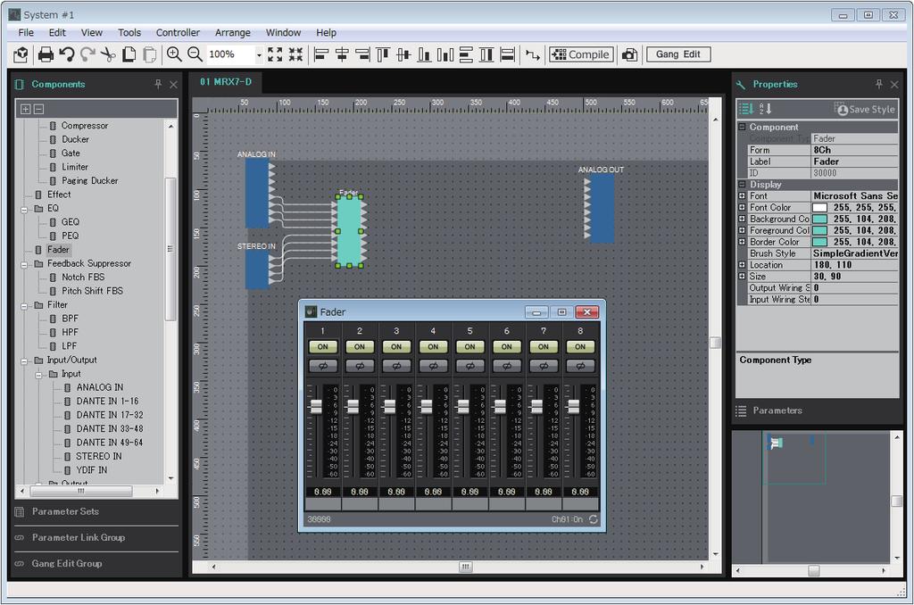 Screen structure Screen structure MRX Designer consists of a menu bar, tool buttons, Components area, Parameter Sets area, Parameter Link Group area, design sheet, Properties area, Parameters area,