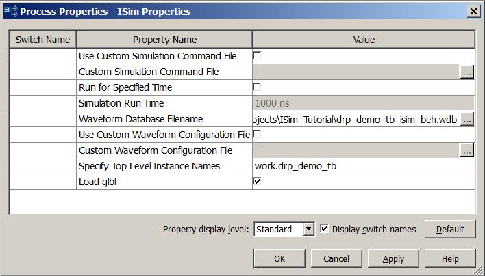 In this window you can set different simulation properties, such as simulation runtime, waveform database file location, and even a user-defined simulation command file to launch the simulation.