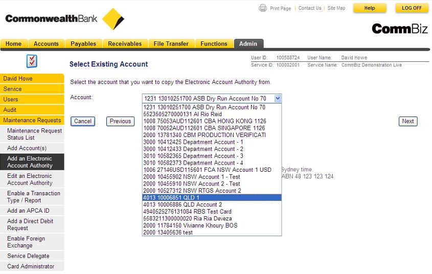 7. Select the account from which you wish to copy the Electronic Account Authority and click Next. 8.