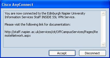 need to enter napier-mail\ in front of your username. On successful authentication, a banner window appears.