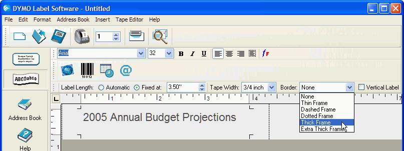 Designing a Label 4 Type 2005 Annual Budget Projections in the main window.