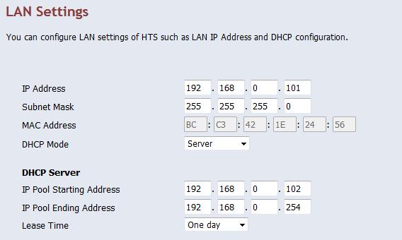 8.0.0 WAN settings, when it using existing router. HTS WAN IP address 9.8..99 Subnet Mask.