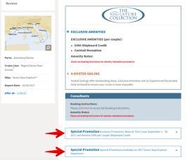 The Consumer View Promo Box appears at the bottom of the cruise offer or the top of a land offer with details of the offer.