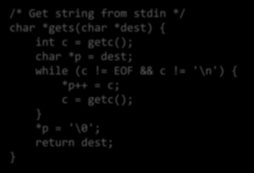 String Library Code Implementation of Unix function gets() No way to specify limit on # of characters to read /* Get string from stdin */ char *gets(char *dest) { int c = getc(); char *p = dest;