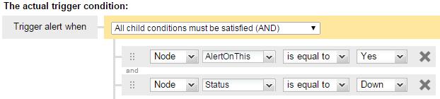 10. Define the alert to trigger when the AlertOnThis custom property is equal to Yes and the Node Status is equal to Down.
