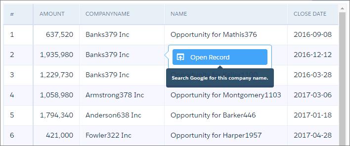 Format Dataset Fields and Field Values with XMD Add Actions to Dimensions When a dashboard viewer clicks the Open Record link, Analytics performs a search in Google based on the company name