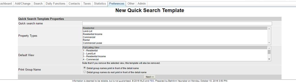 choose Quick Search You will then choose the property type example