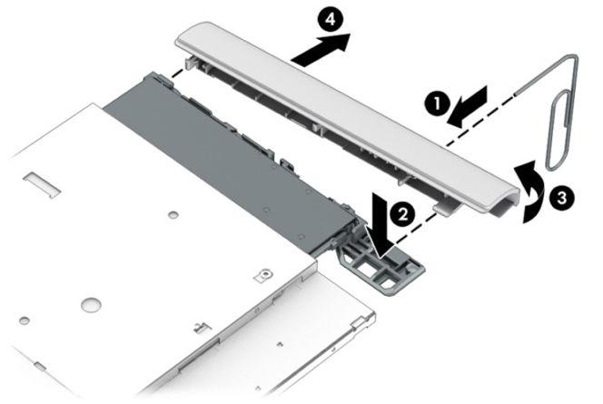 3. If it is necessary to remove the optical drive bezel, insert a paper clip into the release hole (1) to disengage the bezel. Press the tab (2) to release the bezel from the drive.