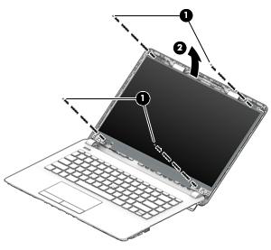 b. Rotate the display panel onto the keyboard (2) to gain access to the display cable connection on the back of the panel.
