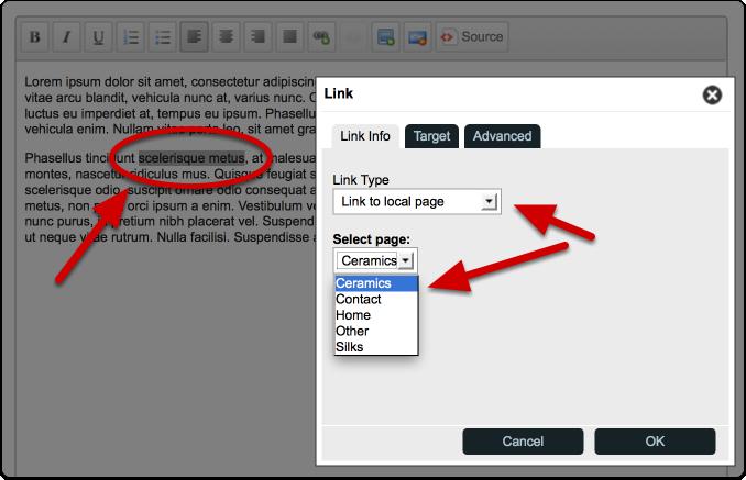 Add a link from text To add a link from text to another page, start by highlighting the text you want to link from then click the 'add link' icon in the toolbar.