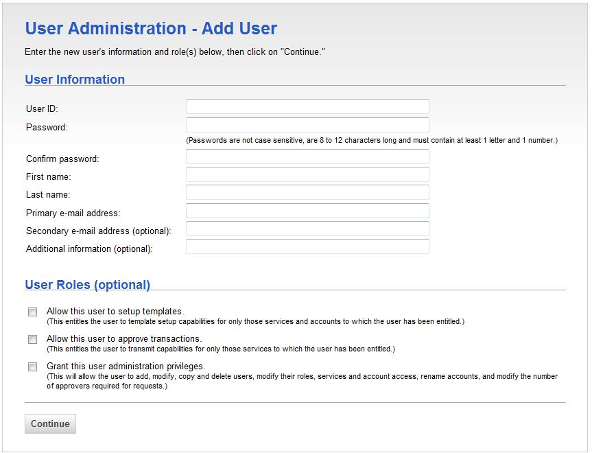 The User Administration Add User page is displayed.