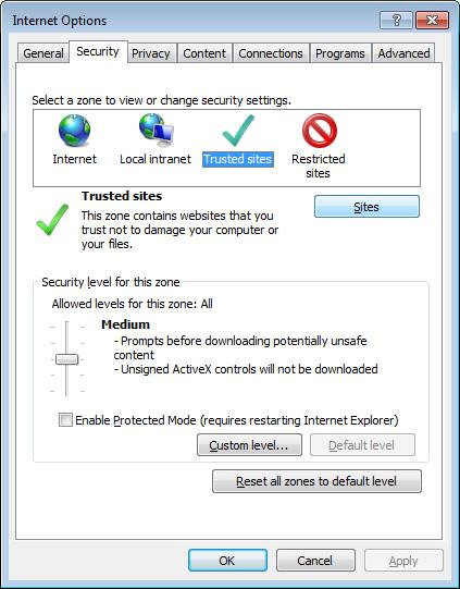 Figure 1.3: IE security settings Step 3: In the Trusted sites window, input the URL of the deployed application to the "Add this website to the zone" box.