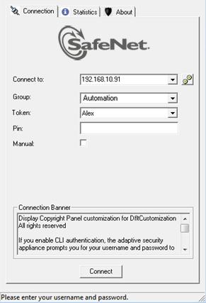 The settings displayed on the Connection tab represent the default configuration for the SafeNet Authentication Service Cisco AnyConnect