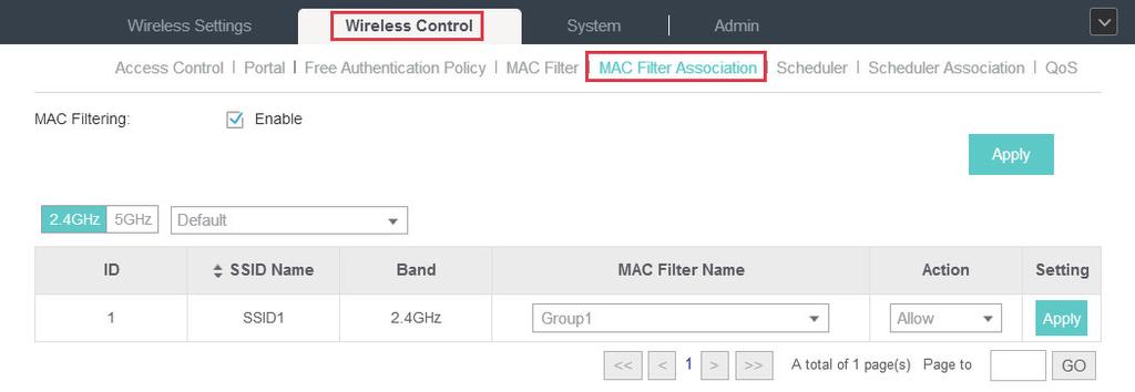 3. Go to Wireless Control > MAC Filter Association to associate the added MAC Filter group with SSID. 1 ) Check the box and click Apply to enable MAC Filtering function.