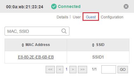 4.2.2 Guest The Guest page displays the information of clients connecting to the SSID with Portal enabled, including their MAC addresses and connected SSIDs.
