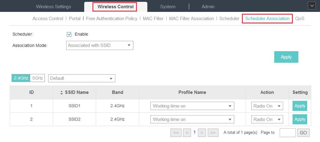 The parameters are set as shown on the following screen. 2. Go to Scheduler Association tab. 1 ) Enable the function and select Associated with SSID. Click Apply.