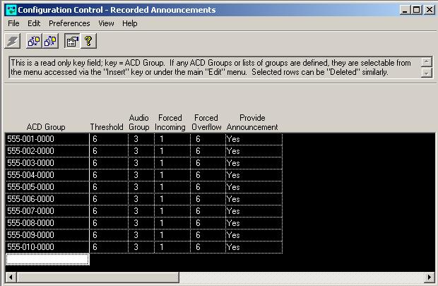 June 2005 Configuration Control Changing recorded announcements parameters of an ACD group The Config > Groups > Recorded Announcements option allows you to view or change parameters for the recorded