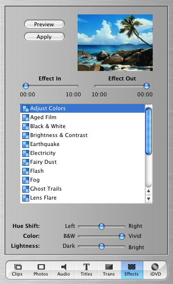 Video Effects imovie provides an array of interesting video effects that are easy to add to your movie. You can change a whole clip or parts of clips.
