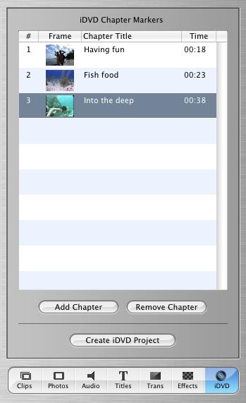 Creating Chapter Markers for DVD Scene Selection You can quickly create chapter markers and chapter titles in imovie, and then export them to idvd 3.0.