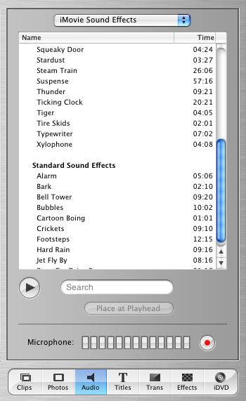 Adding Sound Effects imovie comes with a selection of short sound effects that you can use to enhance your movie. Use the Audio pane, shown below, to add sound effects.