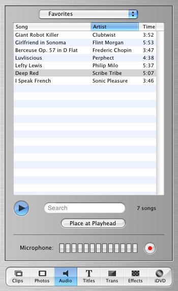 Audio Pane Click the Audio button to open the Audio pane. You can add sound effects, record a voiceover, or import music from a CD or your itunes music library.