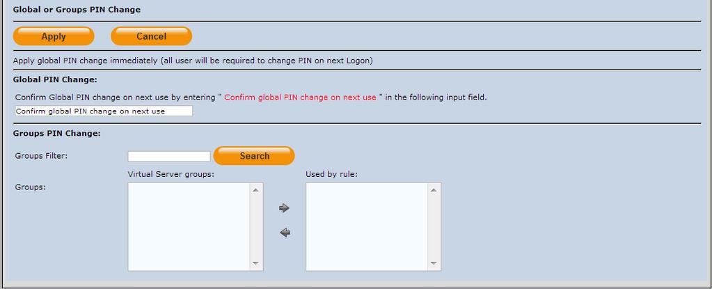13 VS > POLICY Global or Groups PIN Change This determines if the Server-side PIN Policy settings are global settings.
