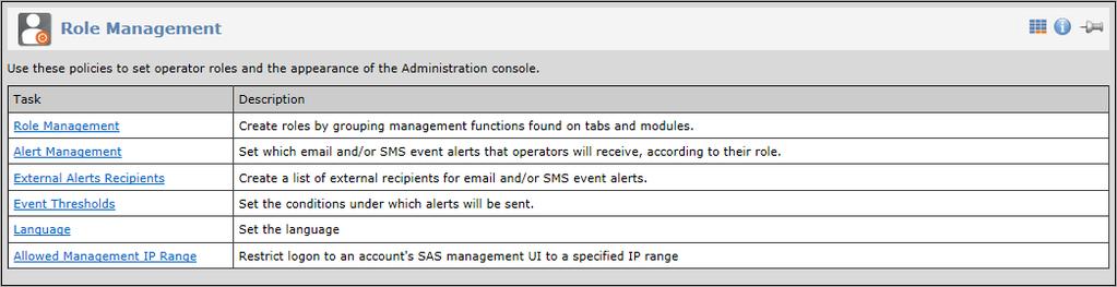 13 VS > POLICY Role Management Use this module to manage Operator roles, alerts, and alert thresholds, and to select the SAS Management Console language.